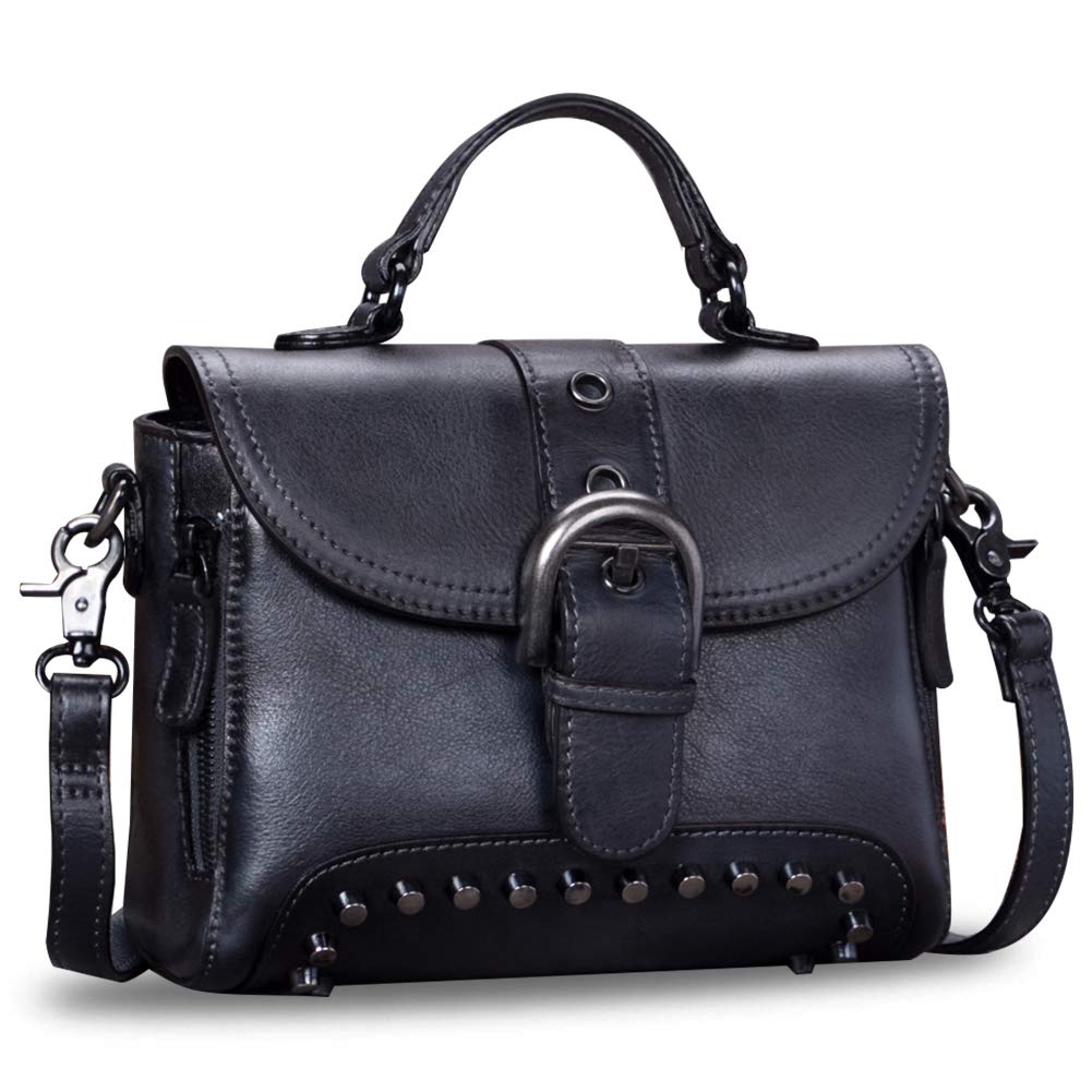 Genuine Leather Satchel for Women Vintage Handmade Crossbody Bag Purse Top-Handle Handbag (Black)