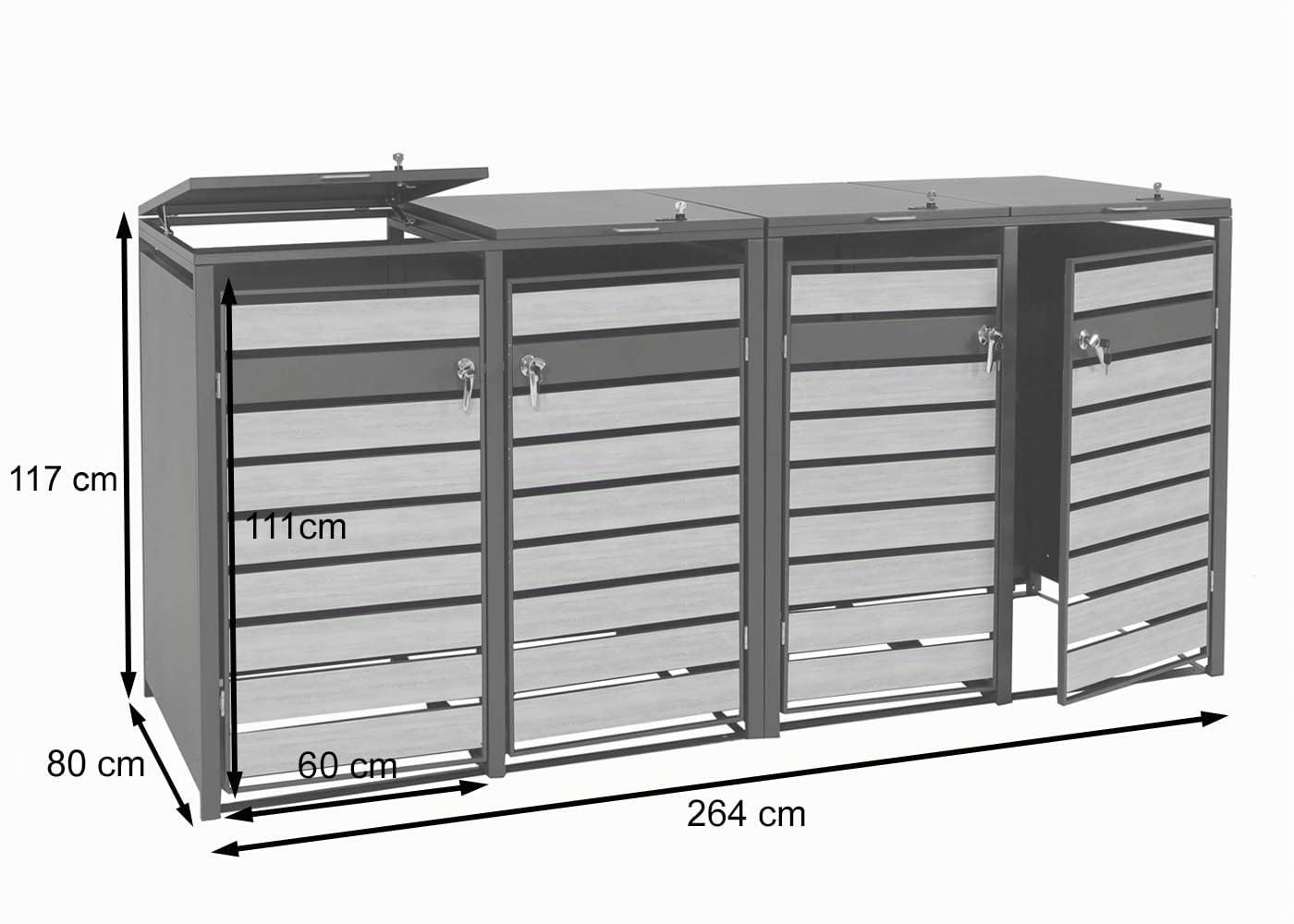 Set 4x copribidoni box spazzatura rifiuti HWC-J81 80x264x117cm - acciaio antracite faggio