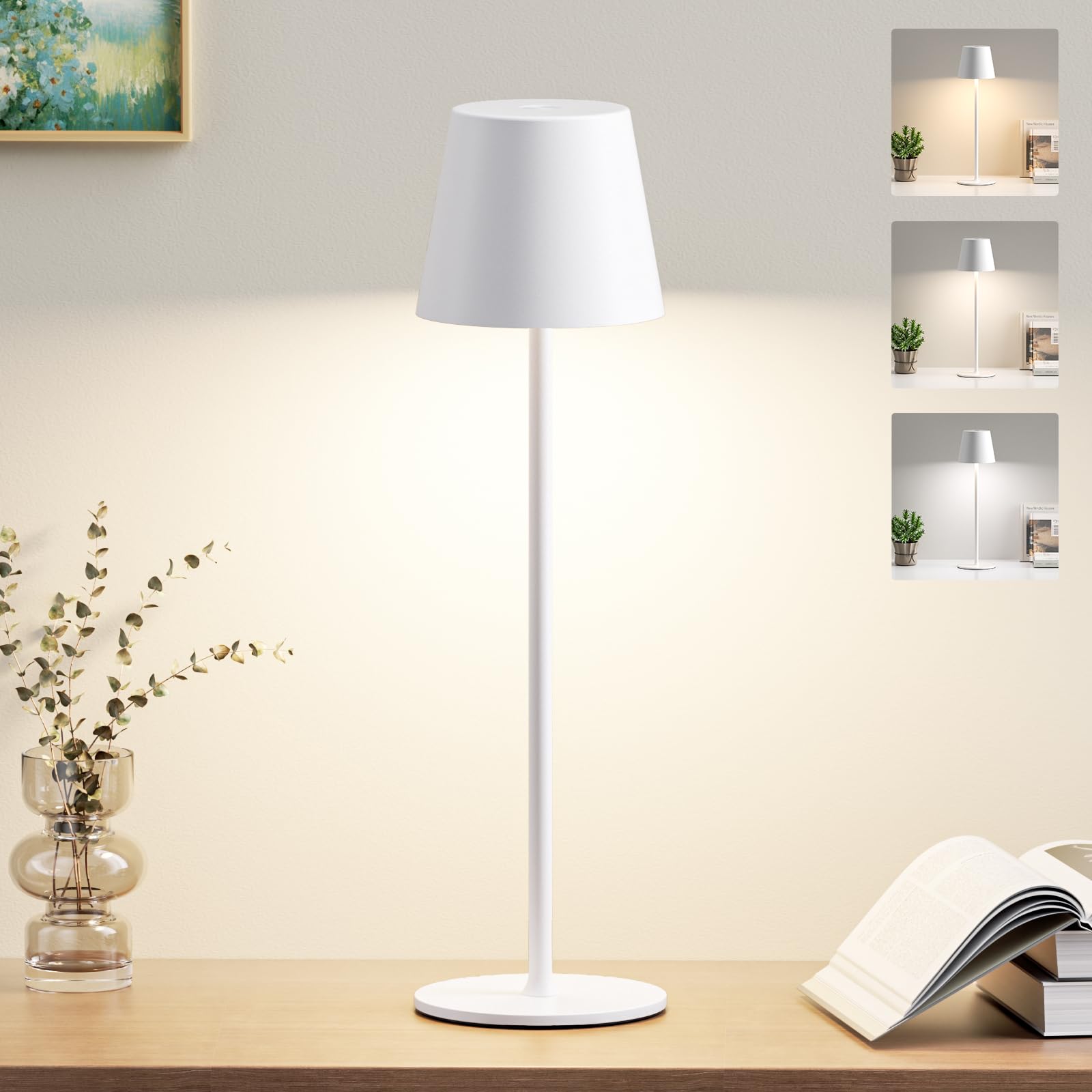 PreeOtti Tischlampe Kabellos, Akku LED Tischleuchte Touch mit 3 Farbtemperatur