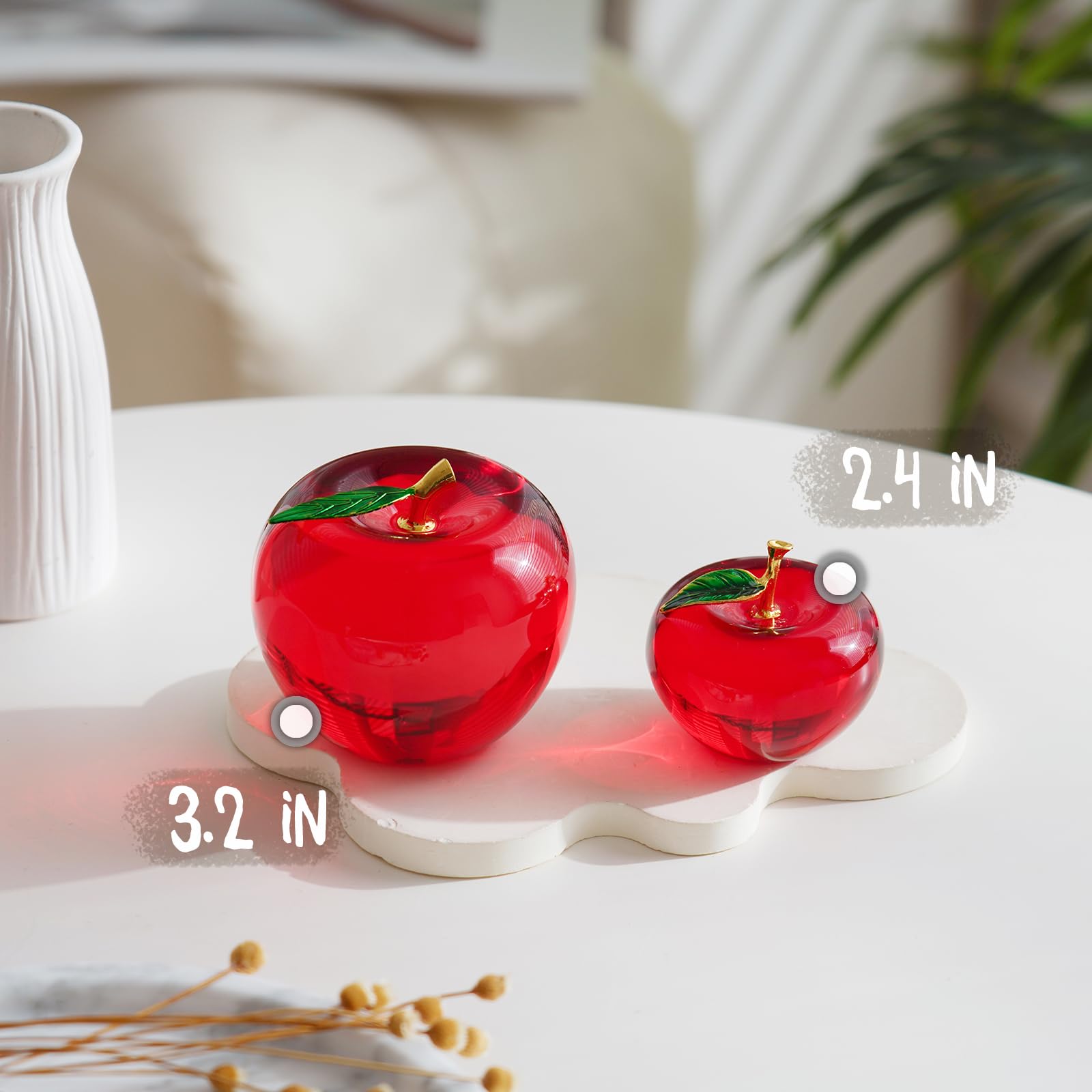 Statuetta a forma di mela in cristallo, fermacarte in vetro con stelo e foglia dorata, decorazione da scrivania per casa e ufficio, regalo di apprezzamento per gli insegnanti (rosso, 8,1 cm)