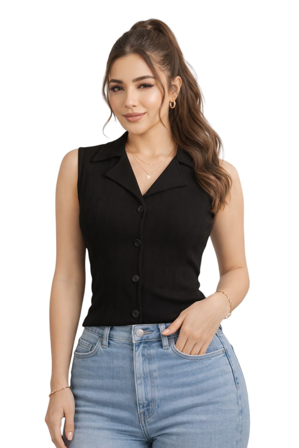 iuga Women’s Sleeveless Button-Down Black Top | Textured Slim Fit Casual & Formal Wear-picture-40