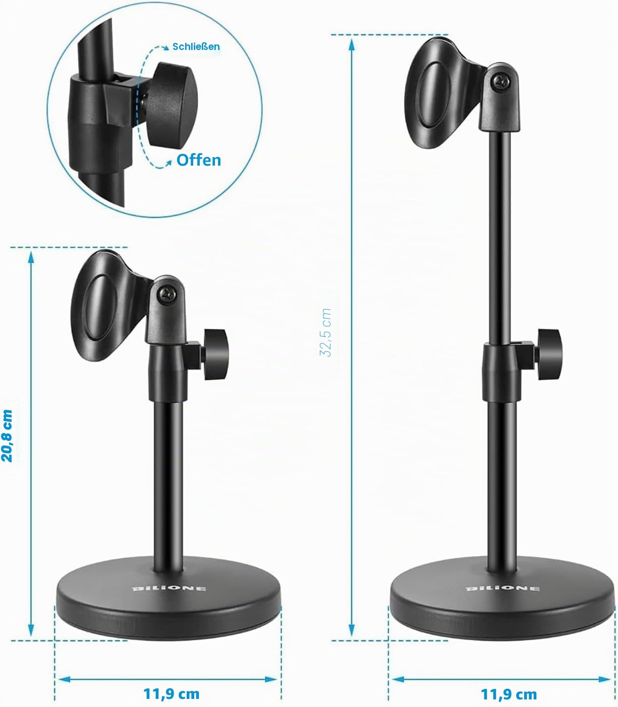 BILIONE 3-in-1 Multifunktions-Schreibtisch-Mikrofonständer, verstellbarer Tisch-Mikrofonständer mit Mikrofon-Clip, Handy-Clip, 5/8-Zoll-Stecker auf 3/8-Zoll-Buchse, Metalladapter