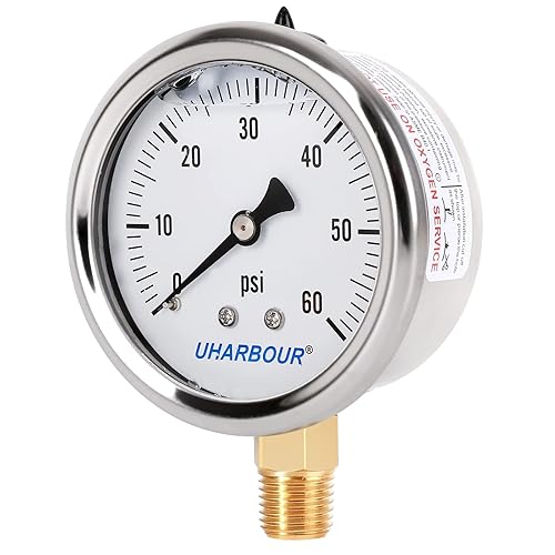 Miniatura 2 de UHARBOUR Medidor de presión relleno de glicerina con caja de acero inoxidable 304, tamaño de dial de 2.5 pulgadas, 0-60 Psi, alta precisión, montaje