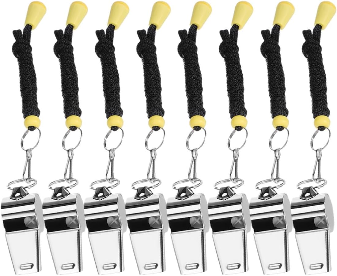 BESPORTBLE 8pcs Stainless Steel Referee Whistle Set with Lanyard | Silver Finish, Wear Resistant Build, Emergency Signal Use, Hiking Training
