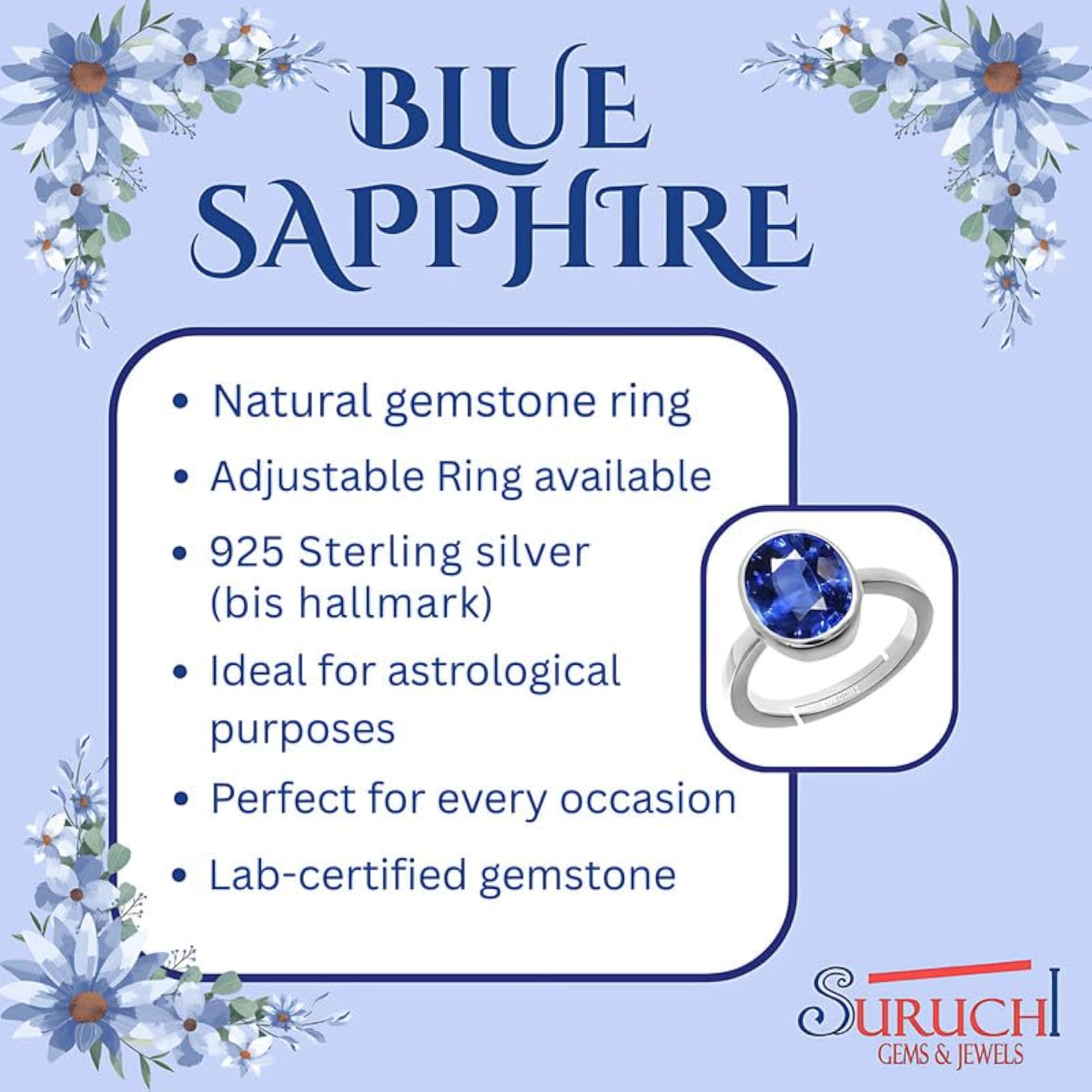 Blue Sapphire Silver Adjustable Ring, 4.25 Ratti