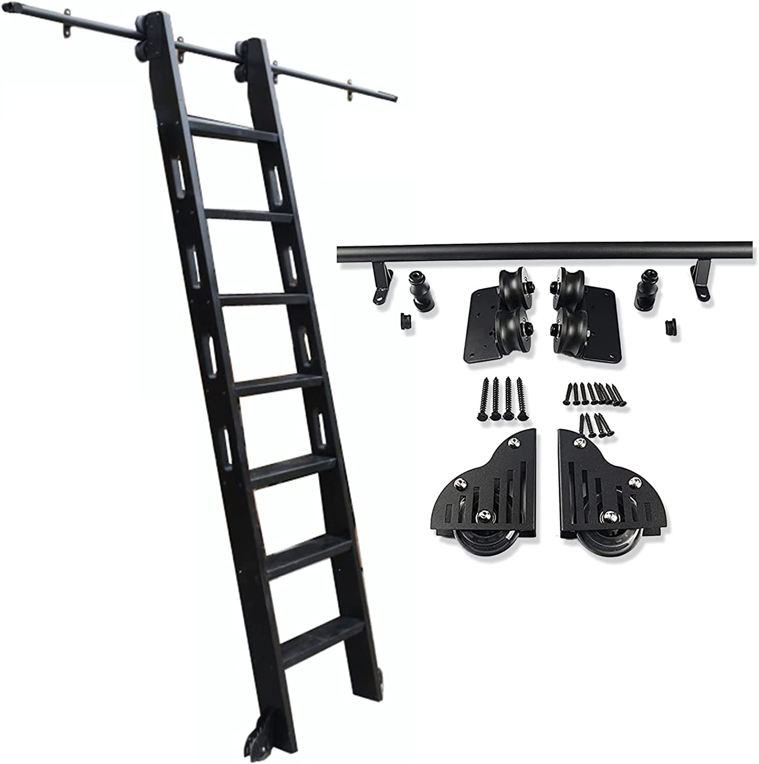 JunniuSliding Barn Door Kit, Mobile Library Ladder Track - Round Tube Rolling Track Full Set Hardware (No Ladder) for Home/Indoor/Loft，with Floor Roller Wheels (Smoothly and Quietly Decoration