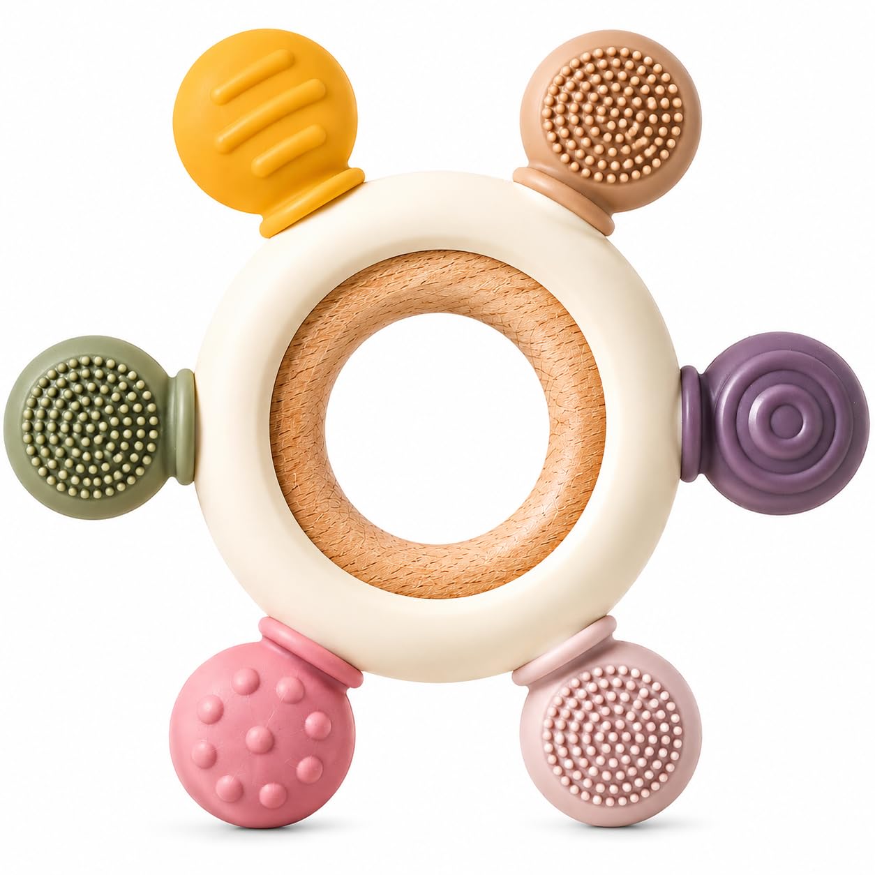 Silicone & Wooden Baby Teether for 0-12 Months | Food Grade Silicone Teething Toy | Soft & Safe Gum Relief | BPA Free Chew Toy for Infants 3-6, 6-12 Months | Teething Toys for Babies (Round Ring)-image-13
