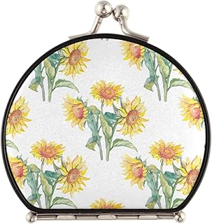 Yellow Sunflowers with Green Leaves Seamless on White Compact Makeup Mirror, Twin-Sided Cosmetic Mirror with 2 x 1x Magnification, Buckle Folding Mini Pocket Portable Hand Mirror