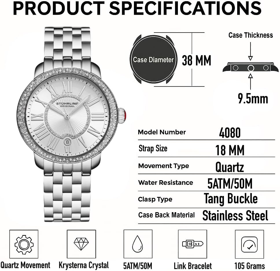 Stuhrling Original Celestia 4080 Women’s 38mm Quartz Watch – Crystal Bezel, Sunray Dial, Roman Numerals, Date Display, Stainless Steel Bracelet, Butterfly Clasp
