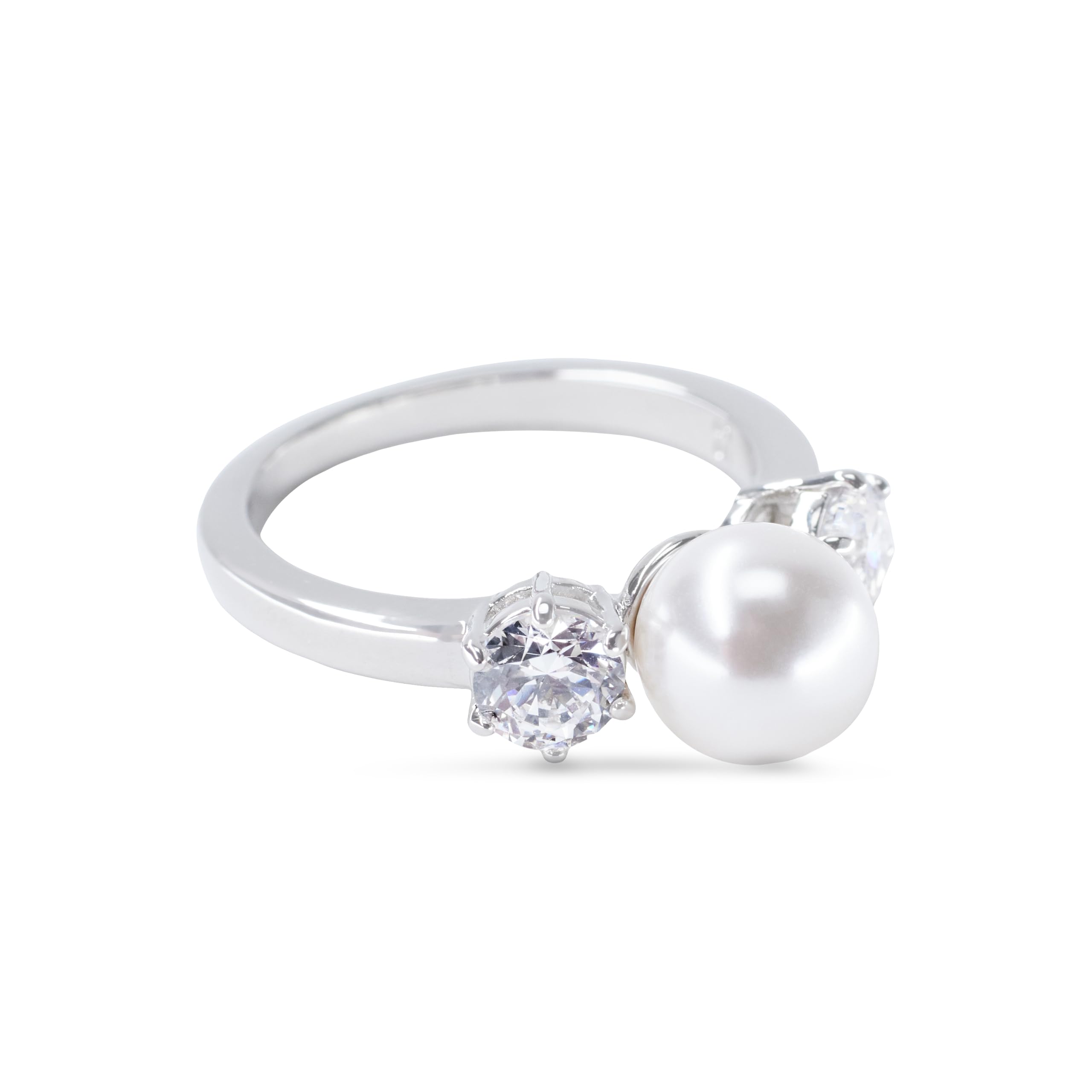 Swarovski Matrix Cocktailring, Weißer, Rhodinierter Ring mit Kristallperle und Strahlenden Kristallen im Rundschliff