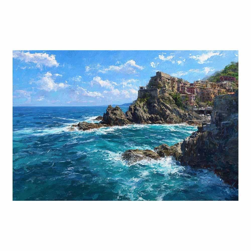 HUYEEI Landscape Wall Art Villages on the Cliff Modern Canvas Print On Artwork, Suitable for living room, bedroom, for Kids Room Decoretc.(blue)-70x100cm Unframed