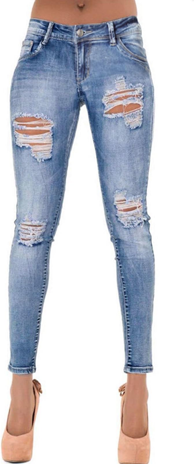 Women's Low Waisted Knee Ripped Jeans Skinny Fit Denim Jeggings