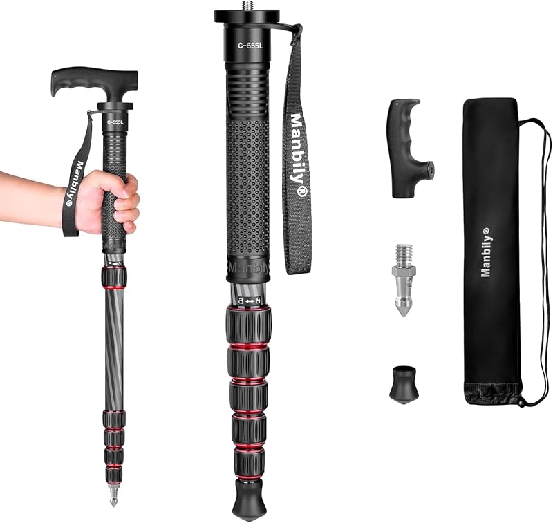 Camera Monopod, Carbon Fiber Portable Compact Lightweight Travel Monopod with Walking Stick Handle for DSLR Canon Nikon Sony Video Camcorder, 6 Sections up to 61 inch