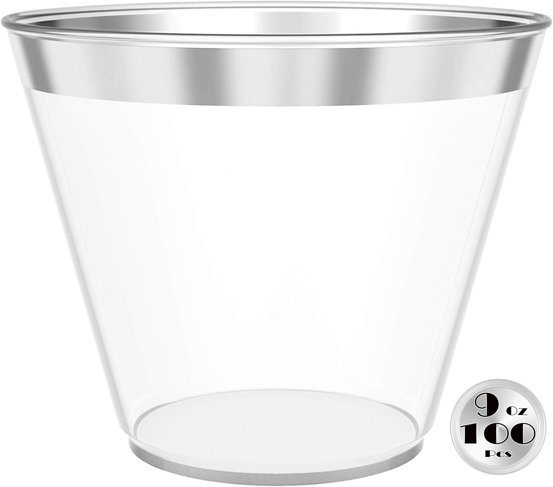 JL Prime 100 Silver Plastic Cups - 9 Oz Reusable and Recyclable - Elegant Silver Rim Clear Tumblers for Weddings, Anniversaries, Showers, Parties - Small Drinking Cups