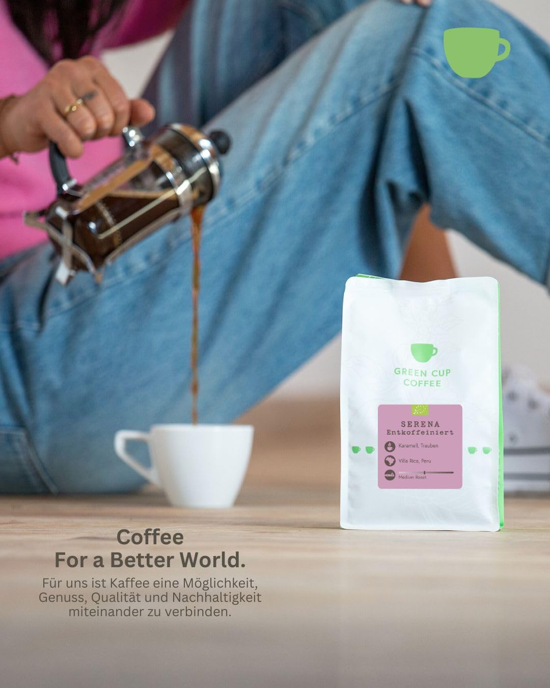 Green Cup Coffee Serena | Entkoffeinierte Kaffeebohnen Ganze Bohnen 1 kg | 100% Arabica Peru Bio | Mittlere Röstung Schokoladig Karamell Trauben | Vollautomat French Press Cold Brew