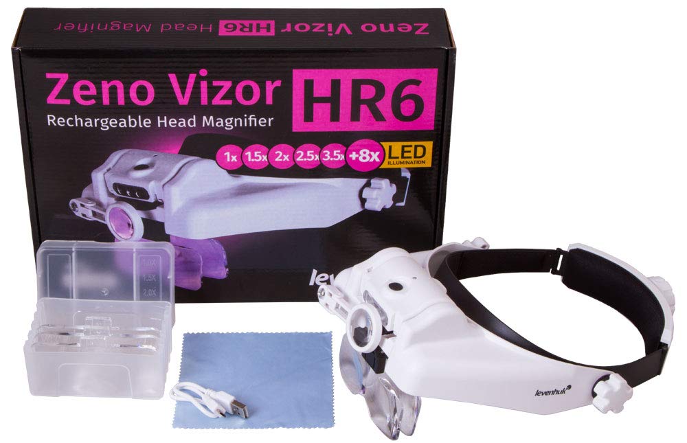 Levenhuk Zeno Vizor HR6 Lente d’Ingrandimento Ricaricabile USB da Testa – Occhiali di Ingrandimento a Mani Libere con Luce LED e 5 Lenti Intercambiabili da 1–8x per Artigianato | Lente frontale USB con LED, 5 lenti intercambiabili e ingrandimento 1x-8x pe