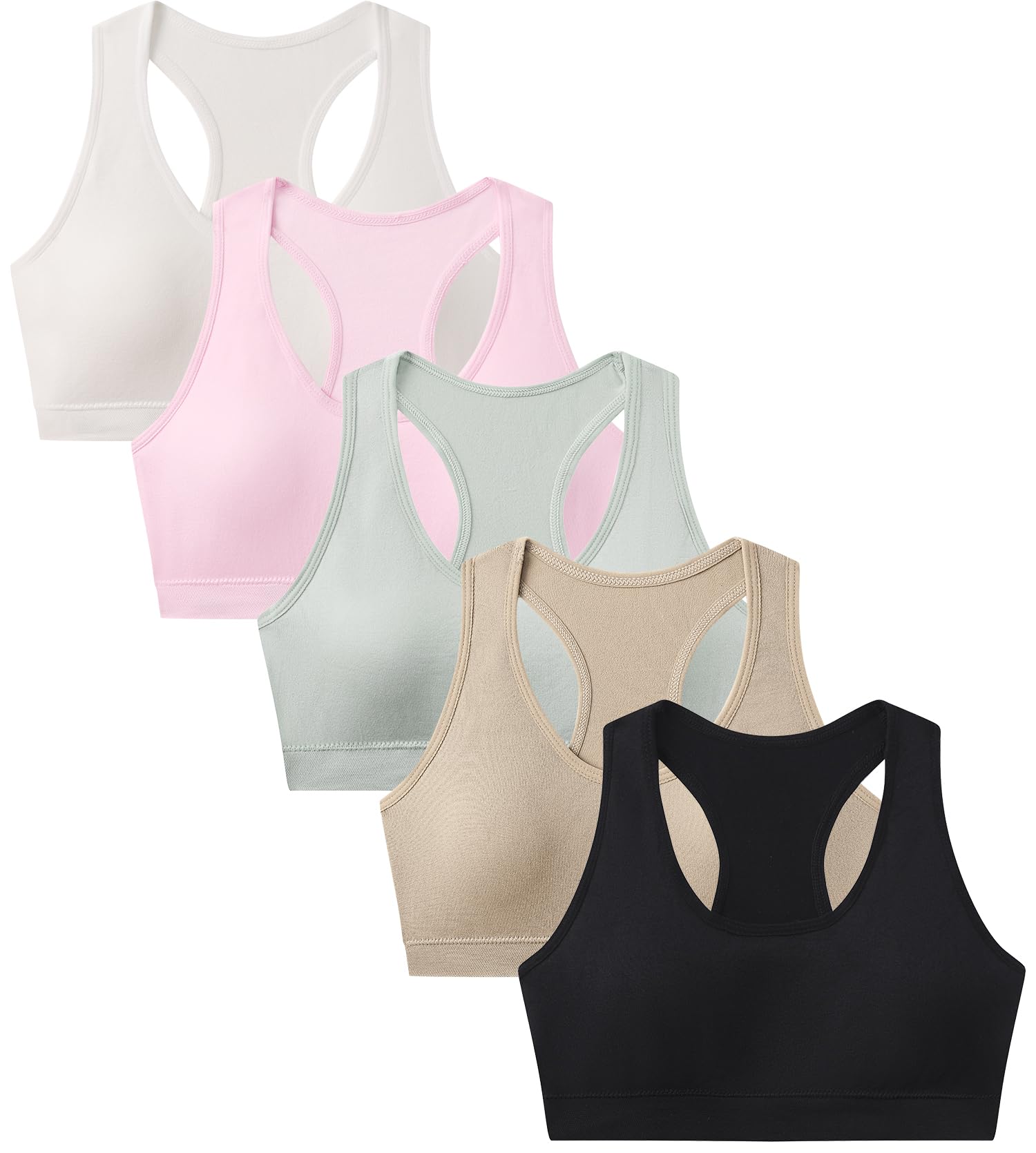 Suekaphin Girls Training Bra Supportive Seamless Sports Bras for Teens Girls with Racerback Removable Pads Pack of 5