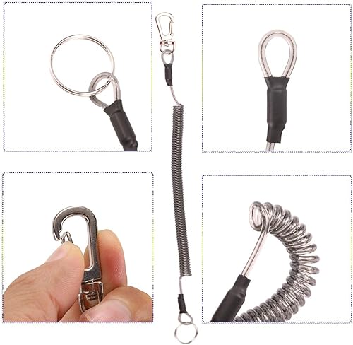 Miniatura 5 de Cordón de pesca (7 piezas) de seguridad retráctil en espiral con mosquetón y anillo dividido para alicates, navegación, herramientas (negro)