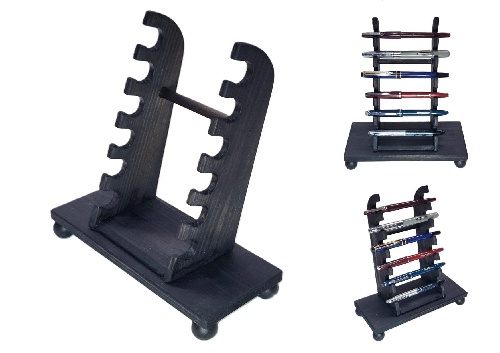 Inkwellinserts Handcrafted Ebonised black Wooden Pen Display Stand, Pen Holder, Pen Rack, Holds 6 PENS Desk top Ink Fountain Pen Display stand