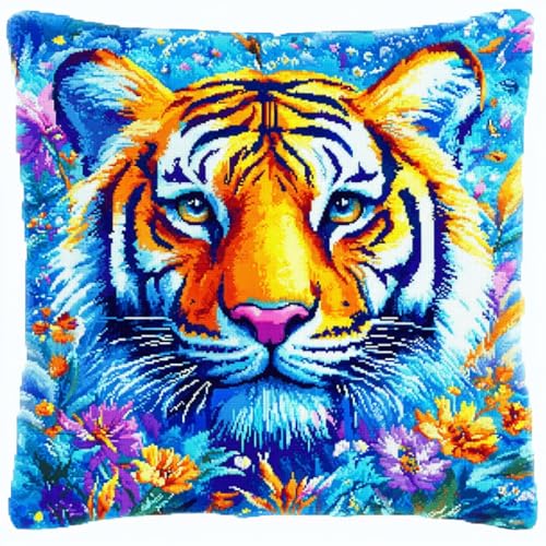 ANSIWEIGO Juego de cojines de nudos para anudar uno mismo, 43 x 43 cm, juego de anudados para niños y adultos, lienzo impreso, gancho de nudos, cojín de sofá 3D, decoración del hogar, tigre de flores