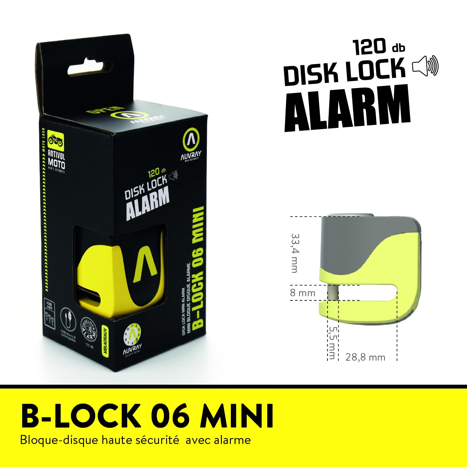 AUVRAY Bloque Disque Moto Alarme 120 dB B-LOCK 06 Mini – Antivol Scooter Compact – Acier Inoxydable – Cylindre 7 Disques Anti Crochetage – Recharge USB-C – 3 Clés