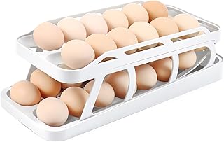 Egg Dispenser For Refrigerator, Automatic Egg Rolling Holder,  Double Rows Rolling Eggs Storage with 2 Tier Space Saving Egg Organizer Tray For Refrige (White)