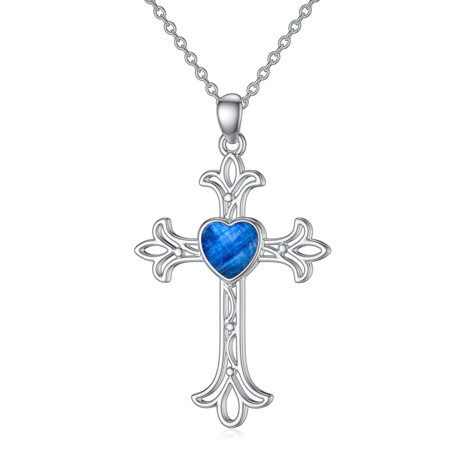 Cross Necklace for Women 925 Sterling Silver Natural Gemstone Filigree Cross Pendant Religious Jewelry Gifts for Christmas Birthday