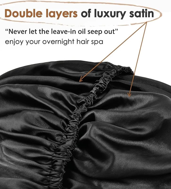 Image of Silk Bonnet for Hair, Adjustable Silk Hair Cap for Sleeping, Satin Bonnet for Curly Hair with Soft Wide Elastic Band, Satin Hair Bonnet For Men and Women(Black)