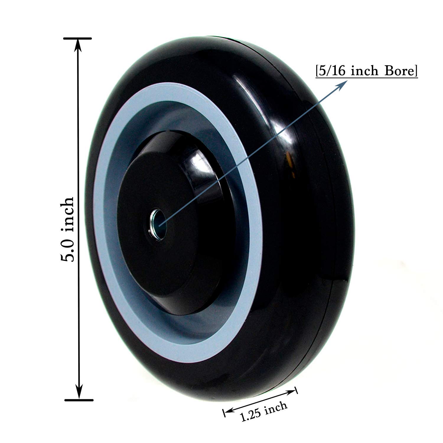 Rueda para carrito de compras de 5 x 1.25 pulgadas, eje de 5/16 pulgadas, capacidad de carga de 1400 libras en total (paquete de 4 unidades de diámetro de 5/16 pulgadas (negro/gris)