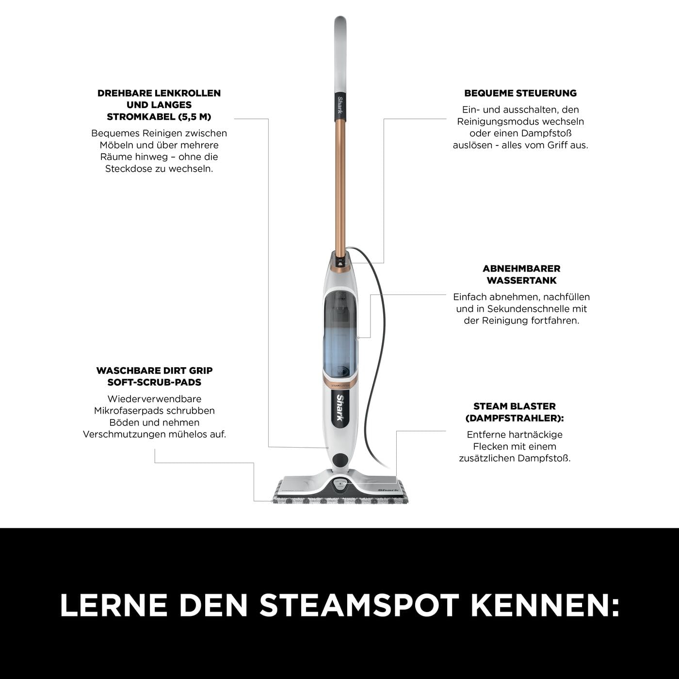 Shark SteamSpot mit Steam Blaster-Technologie für Hartböden, Leichter Dampfreiniger, chemiefreie Reinigung, Abnehmbarer Wassertank, 2 waschbare Dirt Grip Soft-Scrub-Pads, White & Poly Copper S2001EU