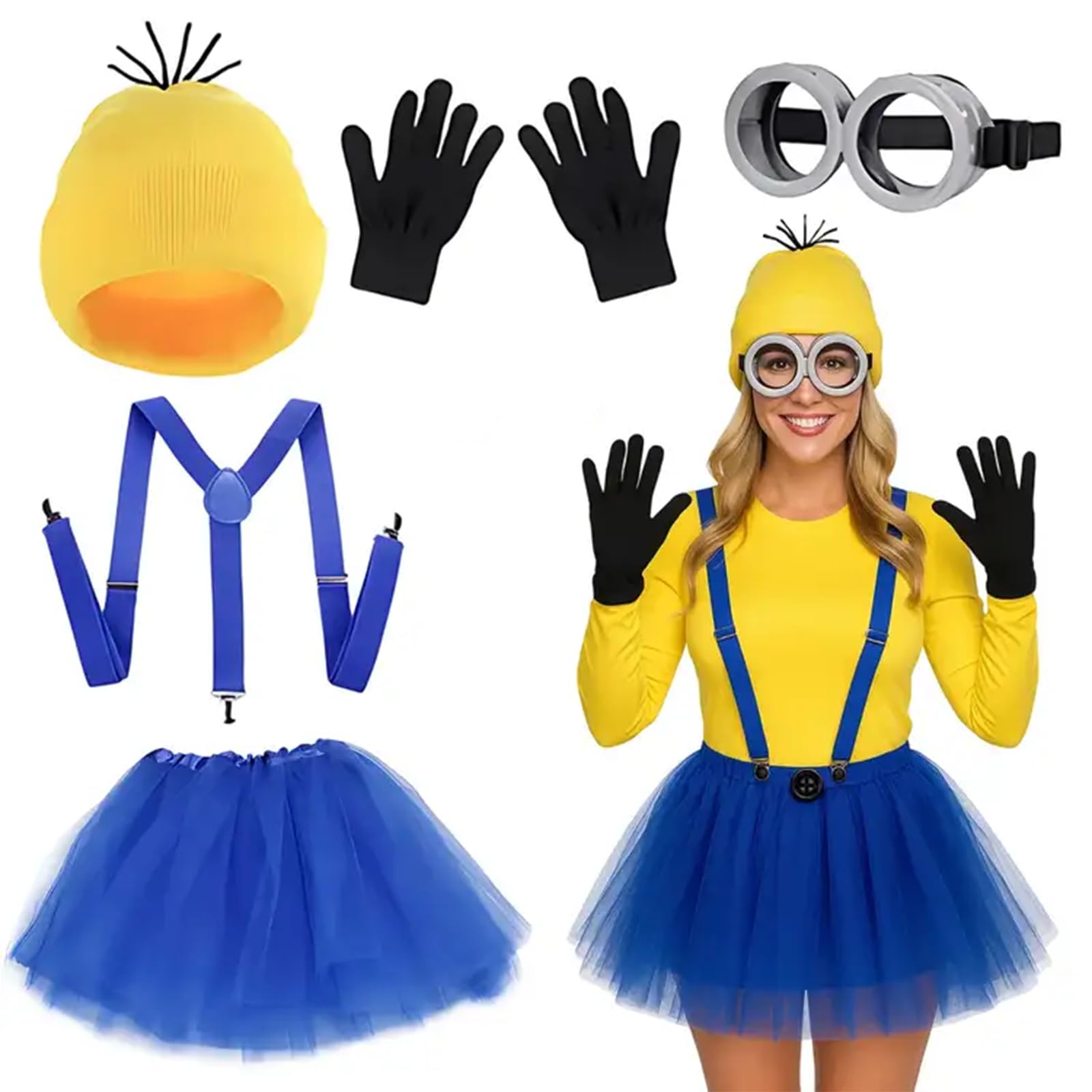 6PCS Yellow Costume Accessories - Complete Fancy Dress Set with Hat, Goggles, Gloves, Tutu Skirt, Suspenders; Halloween Costumes for Halloween Cosplay Party