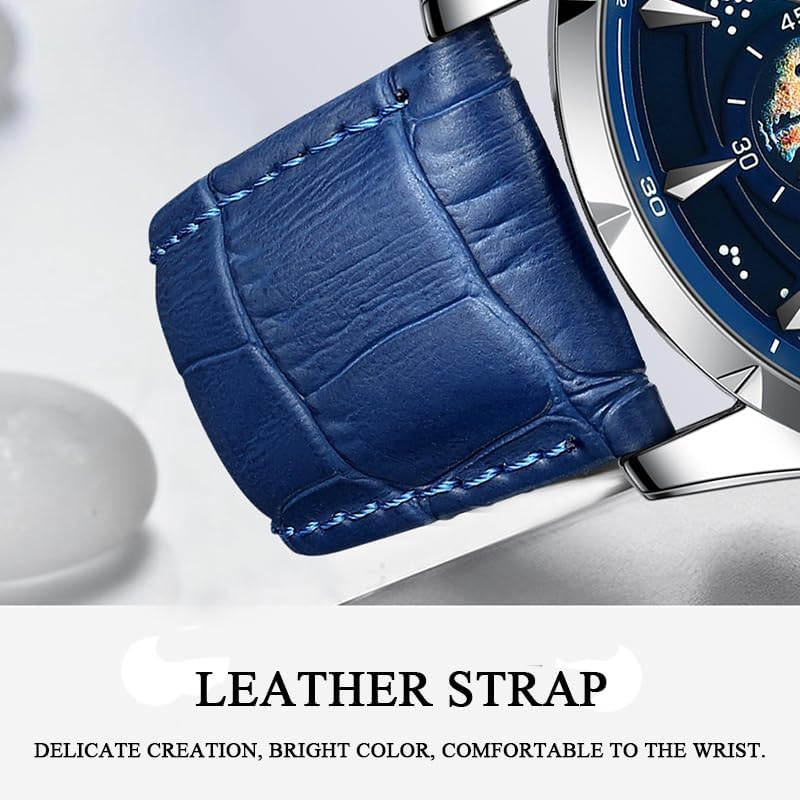 Close-up of the blue leather strap of the RUIGE N3 watch