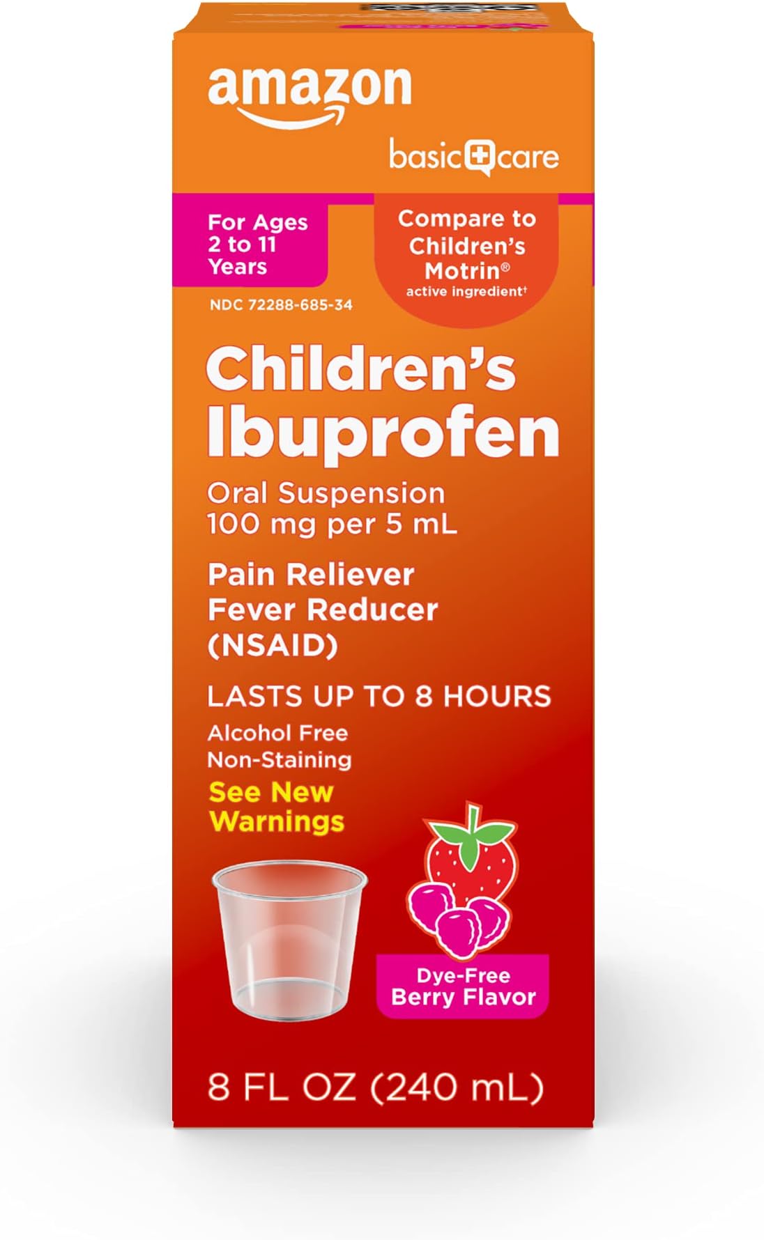 Amazon Basic Care Children's Ibuprofen Oral Suspension 100 mg per 5 mL, Pain Reliever and Fever Reducer, Non-Staining Dye-Free Berry , For Sore Throat, Headache and Toothache, 8 fl oz (Pack of 1)