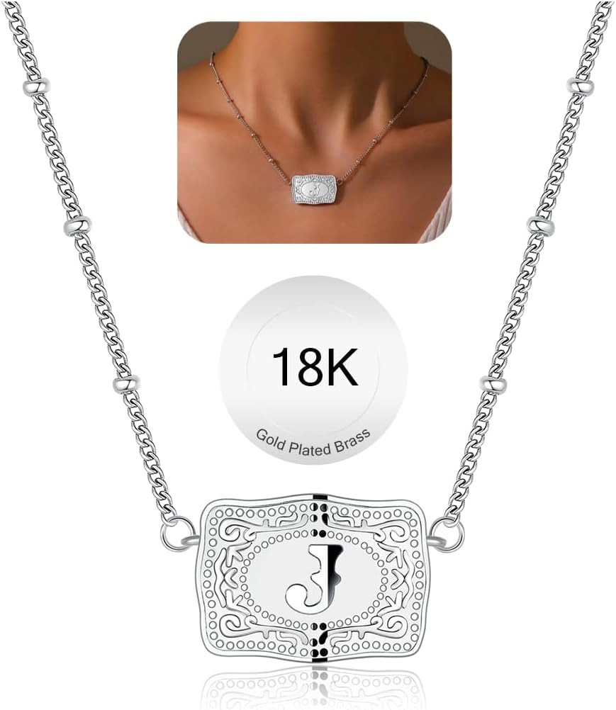 Gold Silver Initial Necklace for Women, 18K Gold Plated Mini Belt Buckle Initial Necklace, Letter A-Z Pendant Charm Necklace Unique Western Jewelry Gifts for Women Men