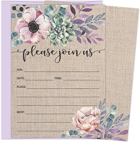 Rustic Burlap Invitations with Florals. 25 Lavender Envelopes and Fill in the Blank Invites for Bridal Showers, Baby Showers, Birthdays, Graduations, Christening, Baptism, Dinner Parties, Rehearsal Di
