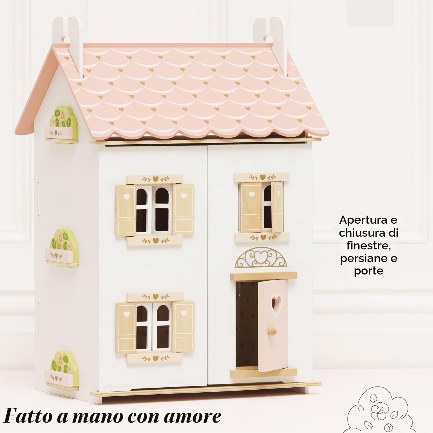 Le Toy Van - H124 - Casa delle bambole Rose Heart in legno certificato FSC, 3 anni, per bambina, 2 piani, l 44 x p 36 x h 66 cm, con persiane, finestre e porte apribili, gioco Montessori ecologico