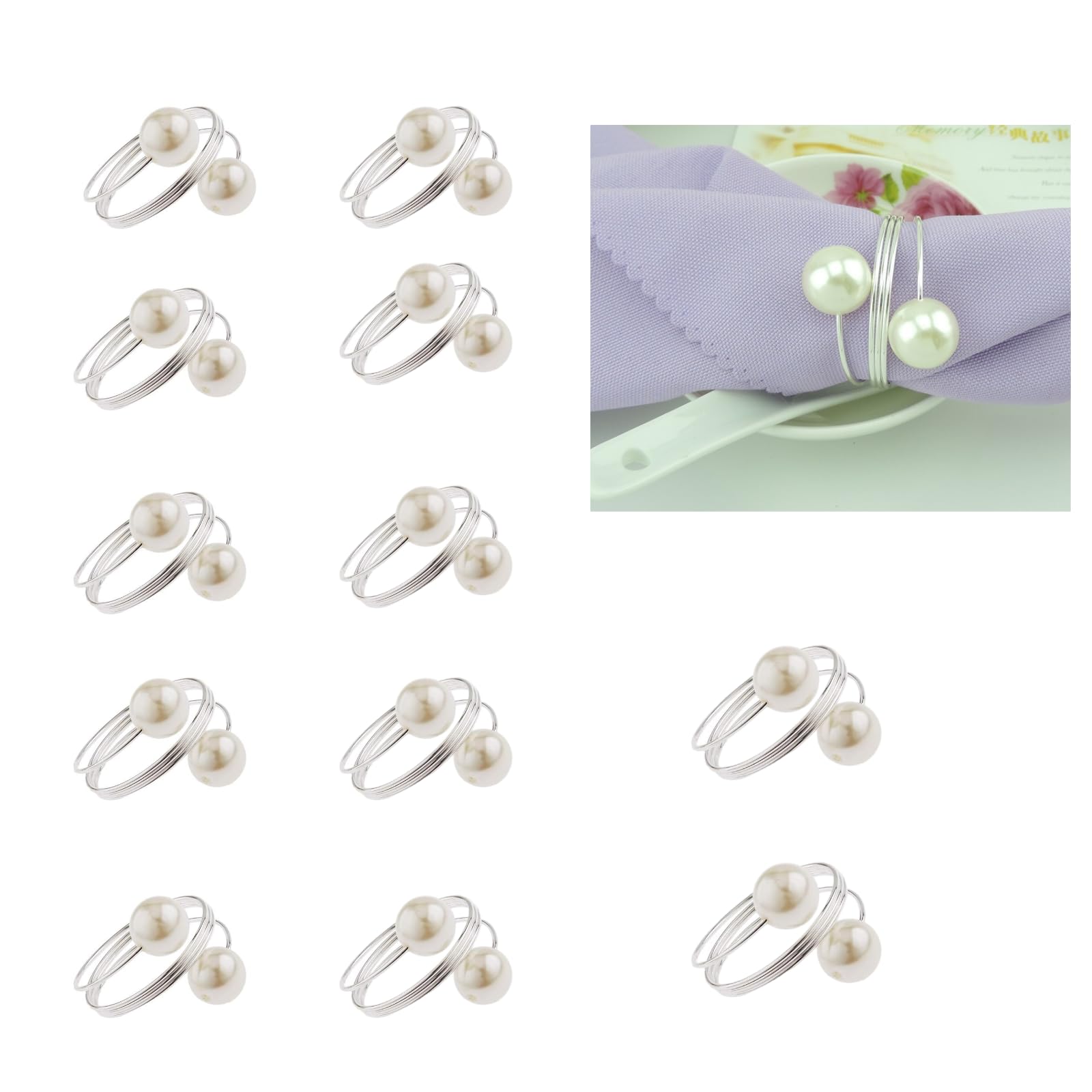 Mtsooning Silver 10Pcs Pearl Napkin Rings, Double Pearl Serviette Holders For Wedding, Christmas, Party Table Decorations
