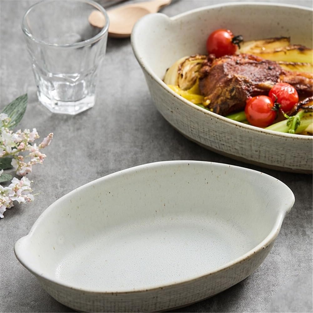 Lasagne Auflaufform 500 ml Keramik-Doppelohr-Teller mit japanischem Retro-Käse und gebackenem Reis, kreative Salatschüssel, rechteckig, grobe Keramikutensilien Auflaufformen(Bruin)