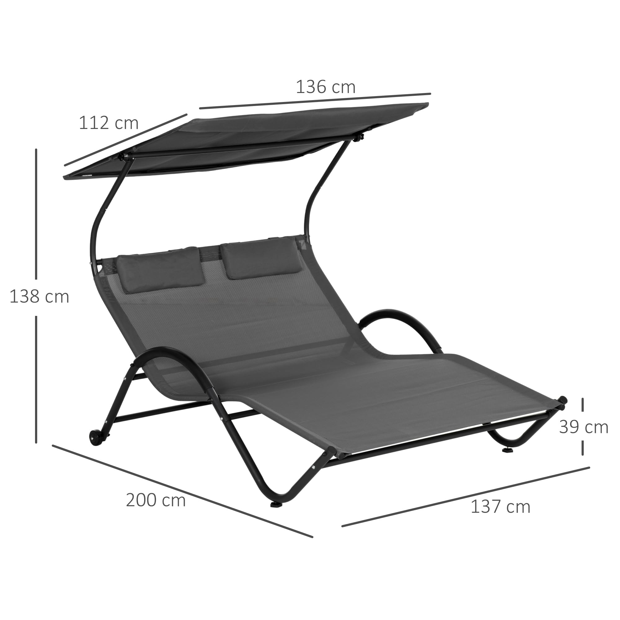 Outsunny Bain de Soleil 2 Places transat avec Toit réglable Appui-têtes et roulettes en Acier et Polyester dim. 200L x 137l x 138H cm Gris foncé