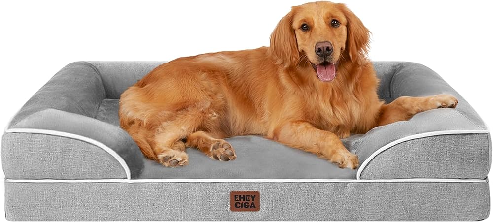 EHEYCIGA Orthopedic Extra Large Dog Bed, Waterproof Washable XL Pet Bed 44" | Non-Slip Bottom and Egg-Crate Polyurethane Foam Big Dog Couch Bed with Washable Removable Cover, Grey