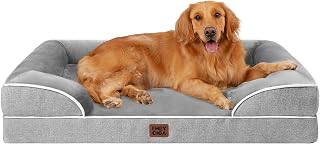 EHEYCIGA Orthopedic Dog Bed Extra Large 44x32 Inch Memory Foam XL Pet Sofa Bed, Waterproof Washable Cover, Non-Slip Bolster Sides for Big Dogs, Grey