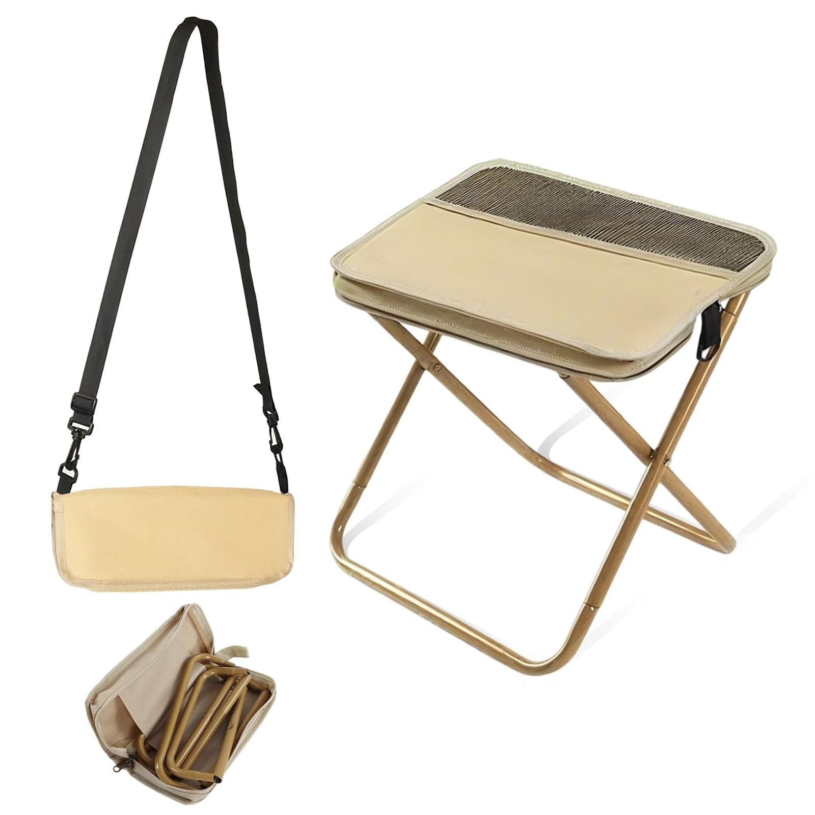 Sgabello Pieghevole in Zaino, Sedia Pieghevole Portatile con Cinghia e Doppia Borsa, Portata Max 120 kg – Per Campeggio, Pesca, Escursionismo (Cachi, Grande)
