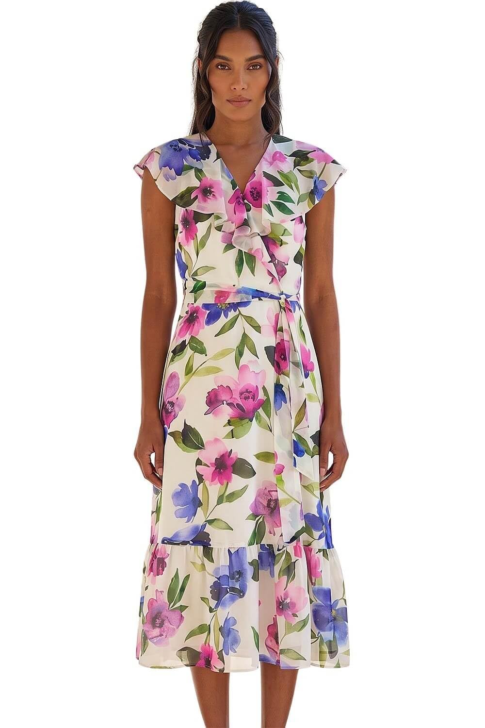 Roman Women's White Floral Frill Wrap Midi Dress In | Size: 12