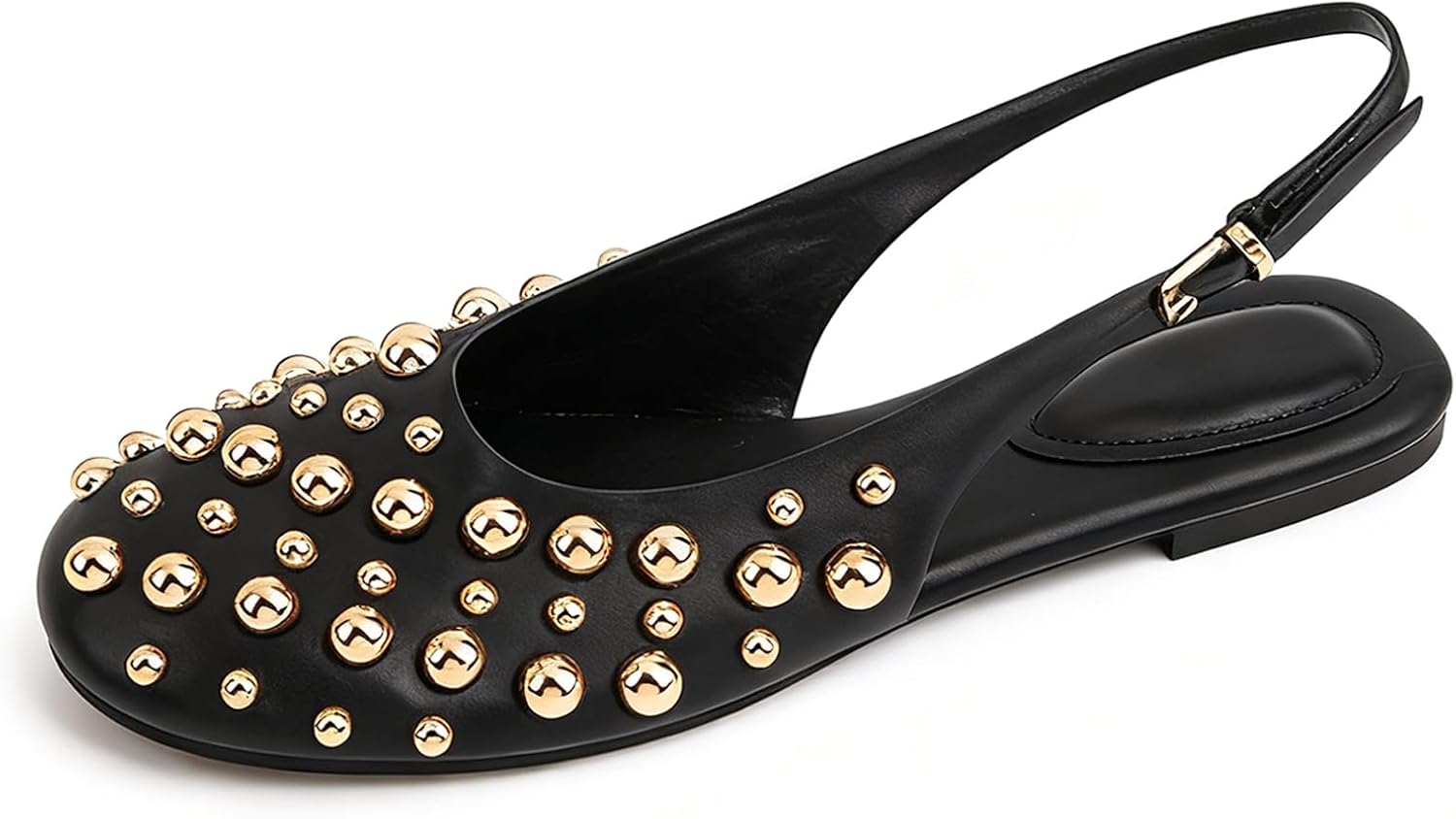 Slingback Flats For Women Leather Ankle Buckle Fashion Studded Y2K Round Closed Toe Low Heel Dress Sandals For Party Prom Shopping