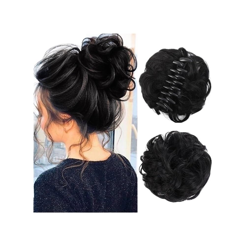 QRSTUVXZY Messy Hair Bun Hair pieces for Women Clip in Claw Synthetic Chignon Tousled Updo Wave Curly Hairpieces for Daily Wear Hair Accessories(1B)