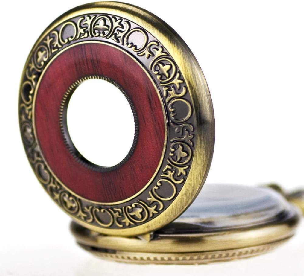 LIIAV Orologio da Taschino Meccanico a Carica Manuale da Uomo Vintage Steampunk Wood Grain Hollow Design con Catena