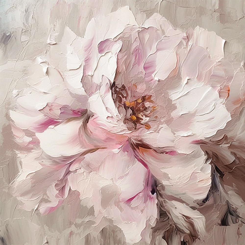 LIUYUYOUGO Pink Peony Flower Art Hand Painted Abstract Wall Art Oil Painting On Canvas Frameless Textured Floral Plant Artwork Painting Modern Farmhouse Wall Decoration 60X60Cm(24X24Inch)