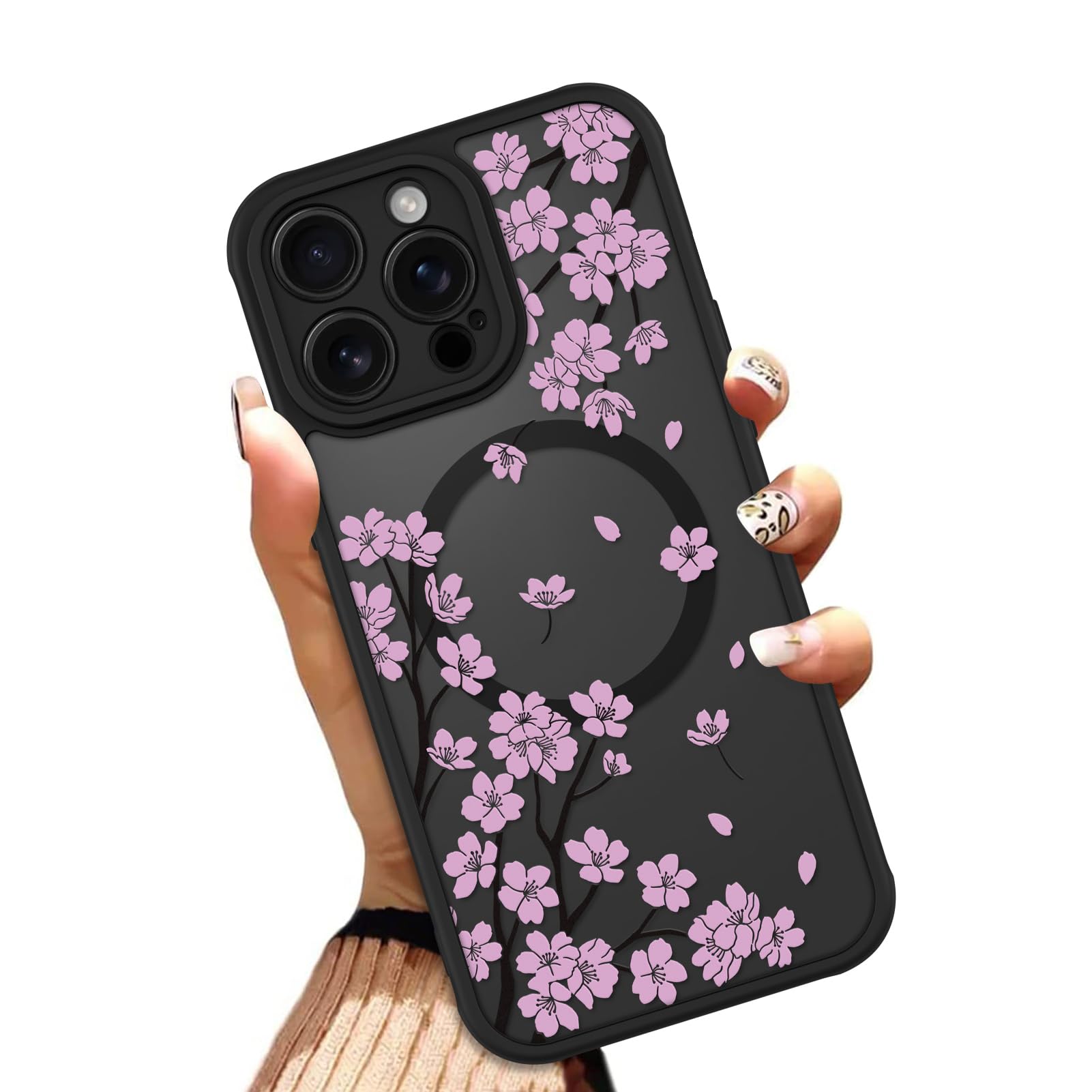 OOK Case for iPhone 16 Pro Max 6.9 Inch (Compatible with MagSafe) Cherry Blossom Pink Floral Flowers Translucent Phone Cover Soft TPU + Hard PC