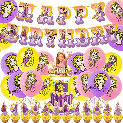 34 Pièce Décoration de Fête d'Anniversaire à Thème Raiponce,Rapunzel Décorations de Anniversaire avec Bannière Joyeux Anniversaire Princesse Ballons Decoration Gâteau pour Enfant Fournitures de Fête