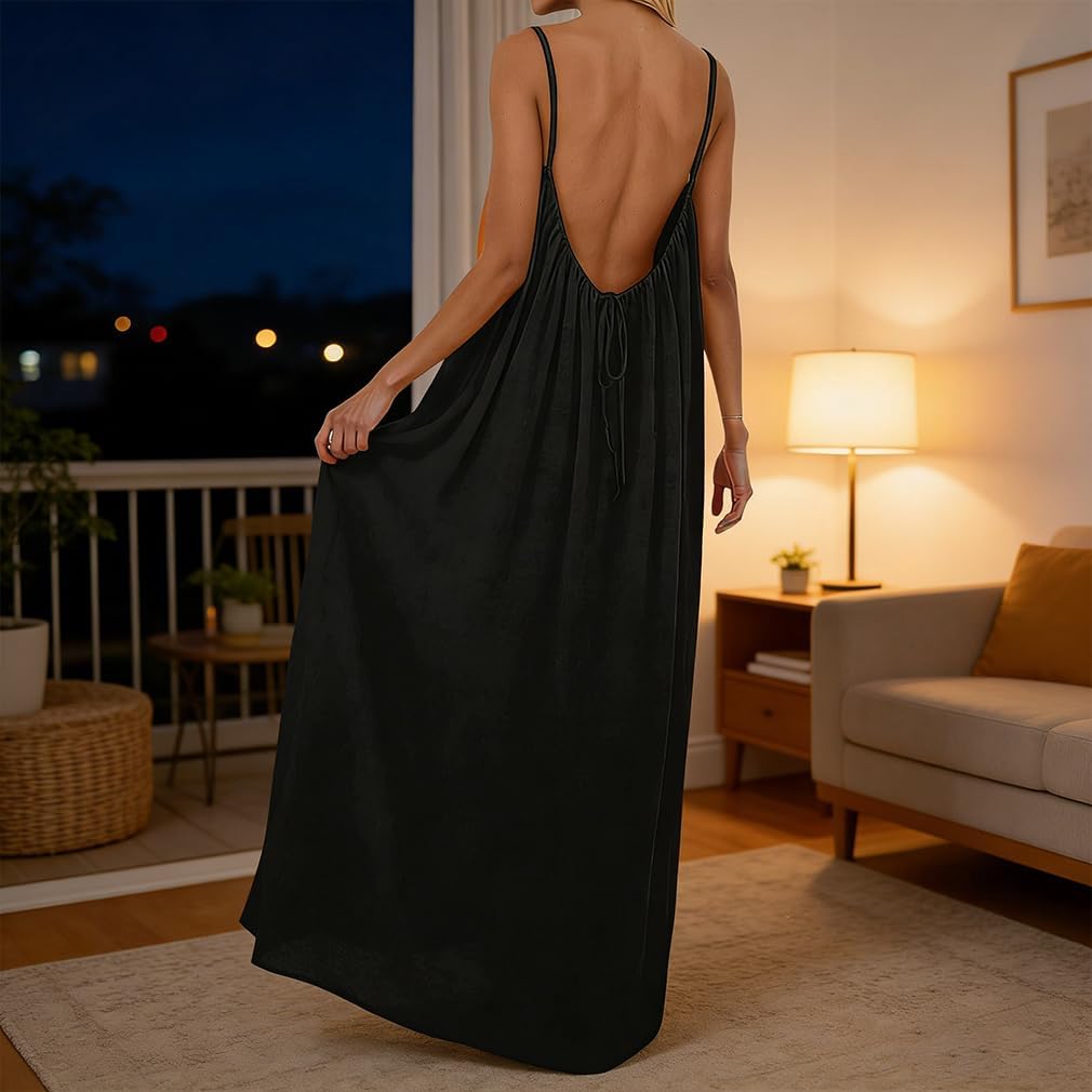 Women's Solid Color Backless Cami Dress Sleeveless Spaghetti Strap - Open Back Dress,Flow Long Sundress - Image 5